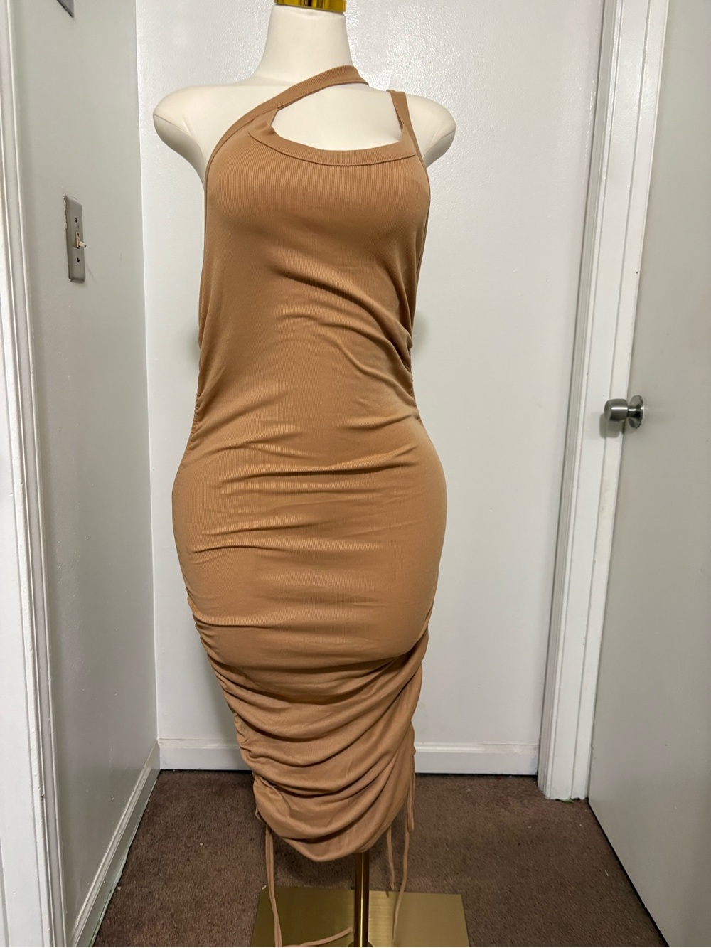 HYFVE One-Shoulder Ruched Tan Bodycon Dress NWOT